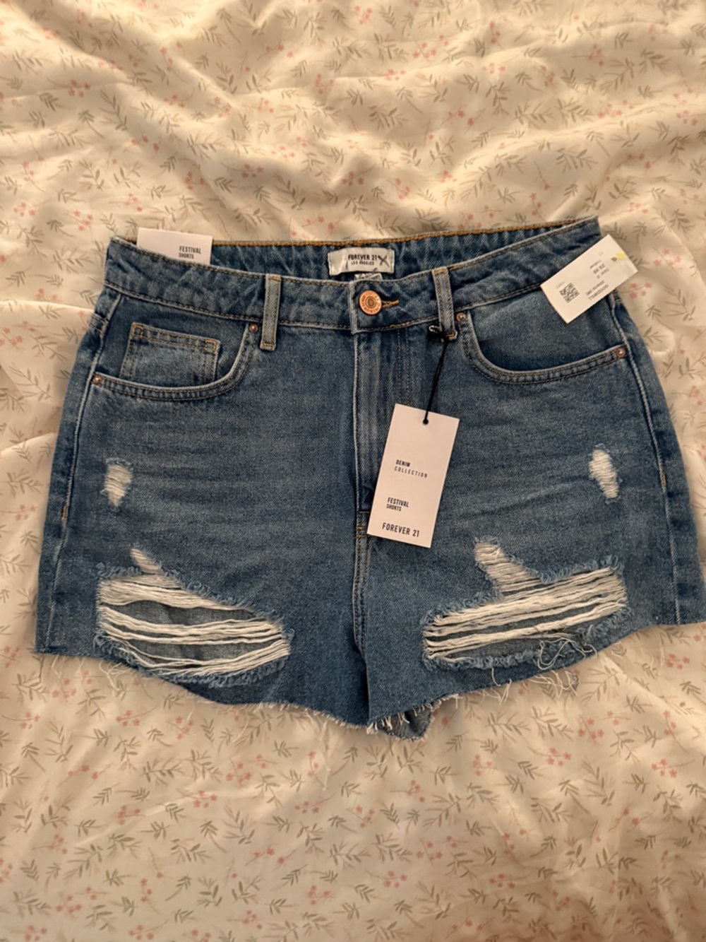 Forever 21 High-Rise Distressed Blue Denim Shorts